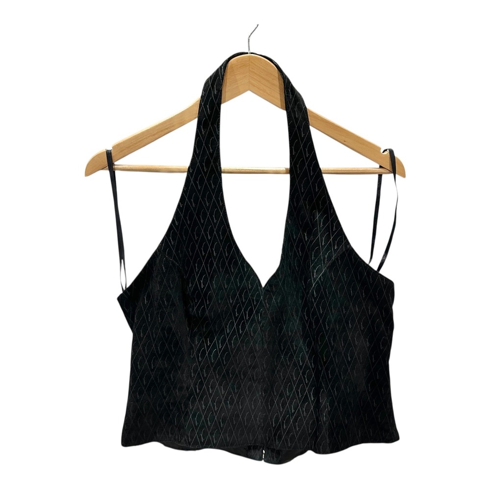 Venus Williams Wilsons Leather Black Suede Etched Halter Top XL Y2K Zipper Back